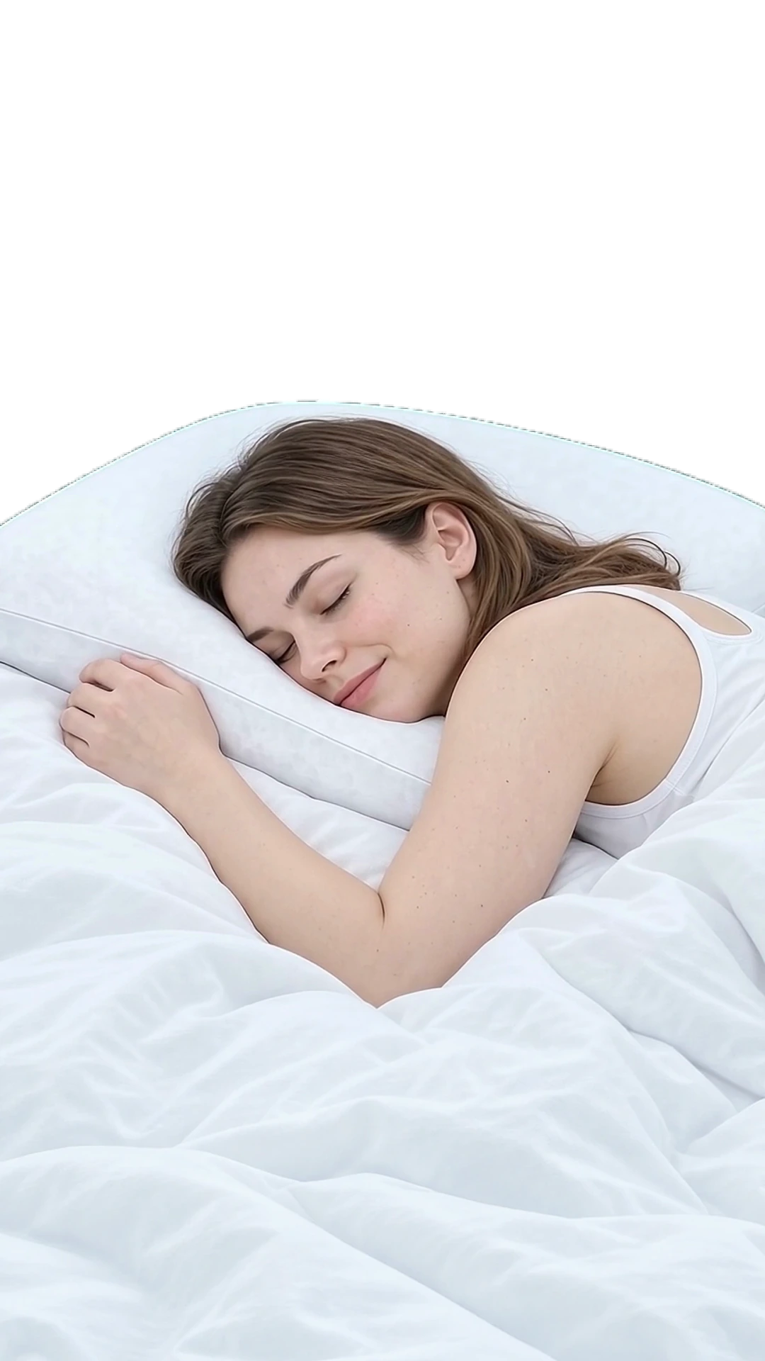Mulher dormindo de lado, sorrindo, abraçada ao travesseiro branco, numa cama com edredom branco